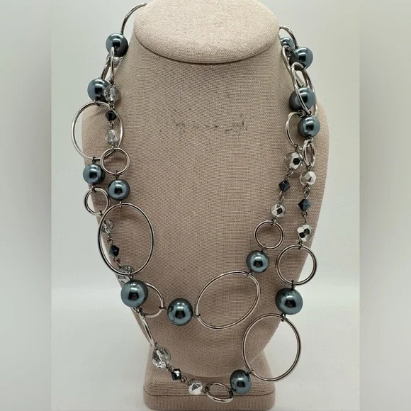 Lia Sophia silver tone and grey faux pearl extra long necklace - Picture 1 of 5
